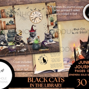 Black Cats In the Library Halloween Junk Journal Pages, PRINTABLE, 30 sheets whimsical Halloween illustrations for journaling & art projects