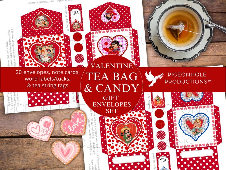 Vintage Valentine Tea Bag & Candy Envelope Kit, PRINTABLE, 20 Envelopes