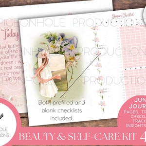 May include: A printable beauty and self-care journal kit with a pink and white floral design. The kit includes 45 pages of checklists, trackers, and journal pages. The text "Junk Journal" is in a pink circle.