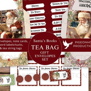 Kit buste per bustine da tè di Santa's Books, STAMPABILE, 18 buste, biglietti di auguri, etichette con spago, etichette con parole/tasche/pieghe, adatte a bustine da tè standard