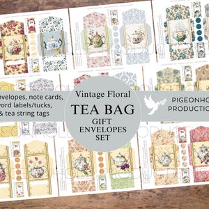 Op de afbeelding: Vintage bloemmotief thee zakje cadeau enveloppen set. 18 printbare enveloppen, kaartjes, woordlabels en thee touwtje labels. Pigeonhole Productions.