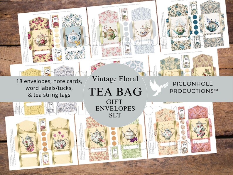 Op de afbeelding: Vintage bloemmotief thee zakje cadeau enveloppen set. 18 printbare enveloppen, kaartjes, woordlabels en thee touwtje labels. Pigeonhole Productions.