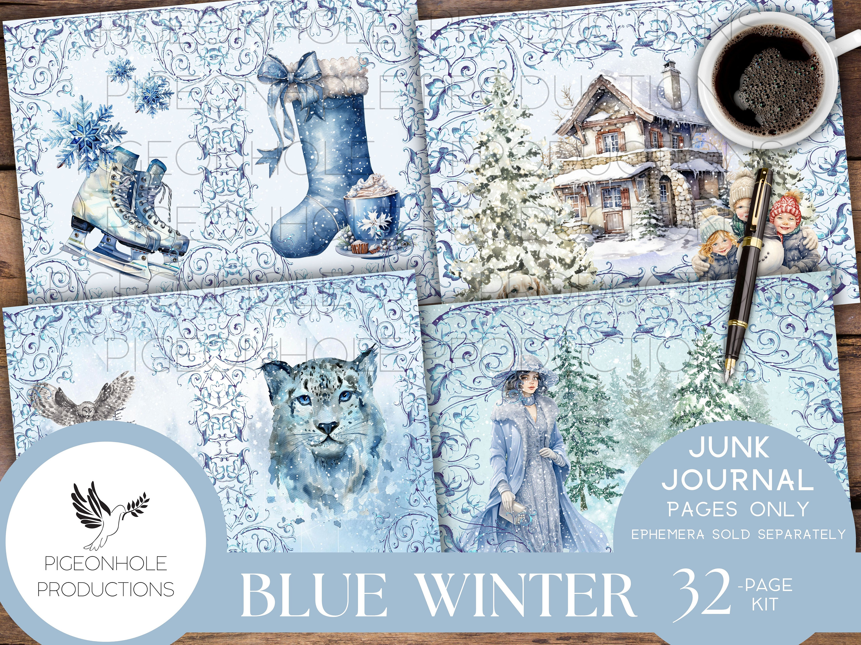 Blue Winter Junk Journal Pages PRINTABLE 32 Collage Lined & - Etsy