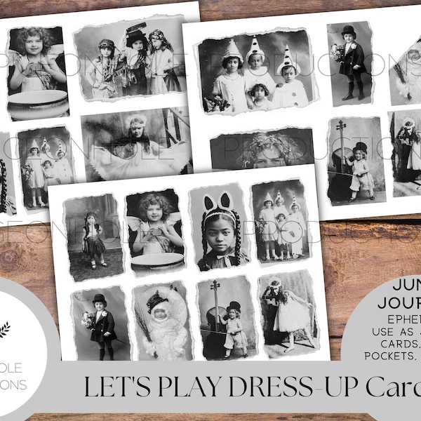 Let's Play Dress-Up Junk Journal Cards—PRINTABLE—20 cards—11 different vintage torn photos, various shapes/sizes—children in costume—sweet!