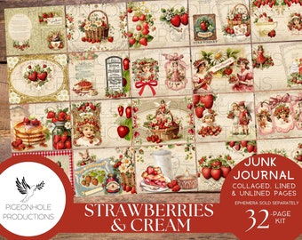 Strawberries & Cream Junk Journal Pages, PRINTABLE, 32 collaged, lined, unlined journal pages for scrapbooking, card making, paper crafts