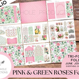 Journal éphémère 3 volets roses et roses vertes, imprimable, couverture, supports, pochettes, bande ventrale, étiquettes, enveloppes, coupes difficiles, plus encore !