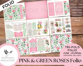 Pink & Green Roses Junk Journal Tri-Fold EPHEMERA FOLIO, PRINTABLE, cover, backings, pockets, belly band, tags, envelopes, fussy cuts, more!