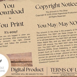 Op de afbeelding: Een digitale productlijst met een bruine achtergrond en tekst die "Je downloadt - Je print" en "Het is gemakkelijk!" luidt. De tekst legt uit hoe je het digitale product kunt downloaden en printen. De tekst bevat ook een copyrightverklaring en gebruiksvoorwaarden.