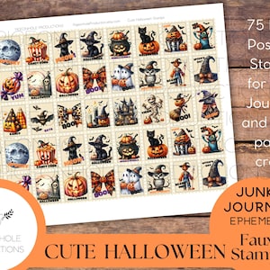 75 lindos sellos postales falsos de Halloween, IMPRIMIBLES, para diarios basura, planificadores, álbumes de recortes, collage o impresión en papel adhesivo para pegatinas