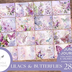 Páginas de diario basura Lilacs & Butterflies, imprimibles, 28 hojas de diario con collage, fondo, reverso y líneas en morado y lila, estilo shabby chic.