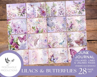 Strony dziennika śmieciowego Lilacs & Butterflies, do druku, 28 kolażowanych arkuszy, tło, podkład i liniowane arkusze dziennika w kolorze fioletowym i fioletowym, w stanie zniszczonym