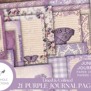 Papéis pautados e sem pauta para diários de lixo roxo, IMPRIMÍVEL, 21 folhas, lindos pastéis para diários de lixo, scrapbooking, artesanato em papel, 8,5 x 11