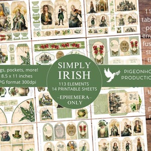 Simplement irlandais Junk Journal EPHEMERA, IMPRIMABLE, 113 cartes de journal, étiquettes, plis, pochettes, enveloppes, coupes difficiles, autocollants, billets, étiquettes
