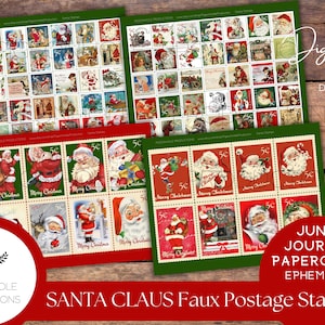 Sellos postales navideños falsos de Papá Noel: IMPRIMIBLES: úselos en diarios basura, agendas, álbumes de recortes, collages o imprímalos en papel adhesivo para calcomanías.