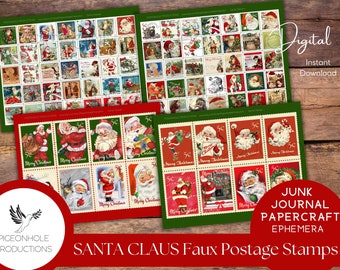 Santa Faux Christmas Postage Stamps—PRINTABLE—Use in junk journals, planners, scrapbooking, collage, or print on sticker paper for stickers