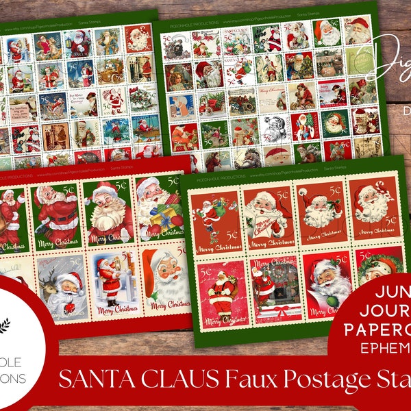 Santa Faux Christmas Postage Stamps—PRINTABLE—Use in junk journals, planners, scrapbooking, collage, or print on sticker paper for stickers