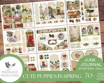 Cute Puppies In Spring Junk Journal EPHEMERA, PRINTABLE, 70+ cute tags, tucks, pockets, envelopes, fussy cuts, stickers, tickets, labels