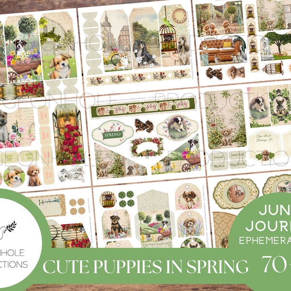 Cute Puppies In Spring Junk Journal EPHEMERA, PRINTABLE, 70+ cute tags, tucks, pockets, envelopes, fussy cuts, stickers, tickets, labels