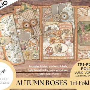 Autumn Roses Junk Journal Tri-Fold EPHEMERA FOLIO, PRINTABLE, couverture, supports, poches, bande ventrale, étiquettes, enveloppes, coupes difficiles, plus encore !