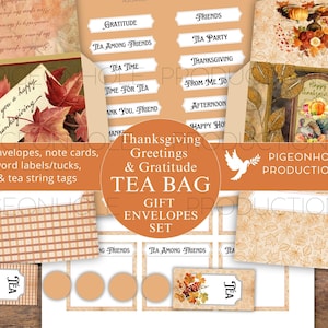 Kit d'enveloppes pour sachets de thé de Thanksgiving, imprimable, 18 enveloppes avec cartes de correspondance, étiquettes de ficelle, étiquettes de mots/poches/plis, convient aux sachets de thé standard