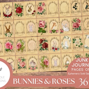 Bunnies & Roses Junk Journal Pages, IMPRIMABLES, 36 feuilles de pages décoratives, papiers de fond et pages de journal lignées — de belles images !