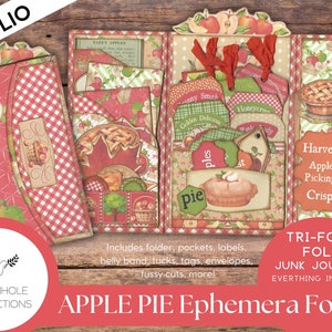 Apple Pie Junk Journal Tri-Fold EPHEMERA FOLIO, IMPRIMÍVEL, capa, suportes, bolsos, faixa de barriga, etiquetas, envelopes, cortes complicados, mais!