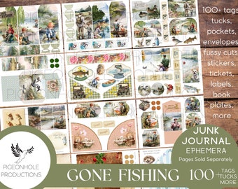 Gone Fishing Junk Journal EPHEMERA, PRINTABLE, 90+ tags, tucks, pockets, envelopes, fussy cuts, stickers, tickets, labels, bookplates