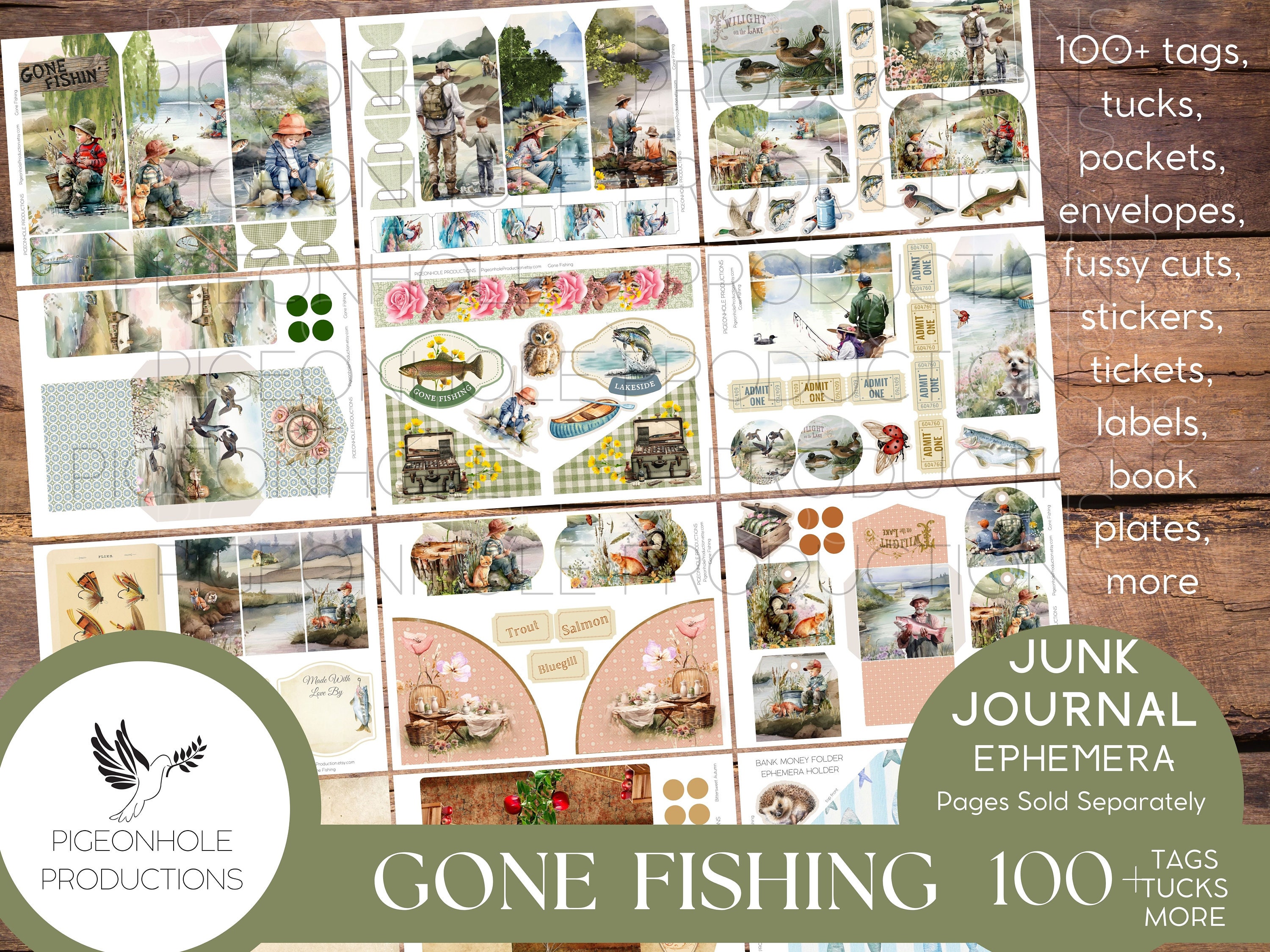 Gone Fishing Junk Journal EPHEMERA, PRINTABLE, 90+ tags, tucks, pockets, envelopes, fussy cuts, stickers, tickets, labels, bookplates