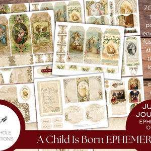 A Child Is Born Christmas Junk Journal IMPRIMIBLE, más de 70 etiquetas, pliegues, bolsillos, sobres, cortes exigentes, pegatinas, boletos, etiquetas, ex libris