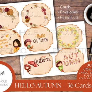 May include: Printable cards and envelopes with autumn themes. The cards feature illustrations of leaves, flowers, and a girl wearing a scarf and hat. The text on the cards says "Hello Autumn".