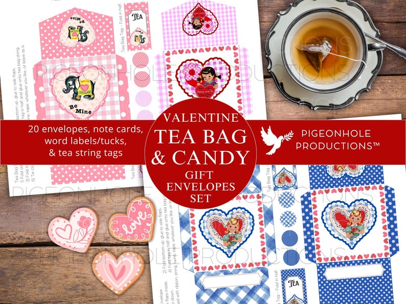 Vintage Valentine Tea Bag & Candy Envelope Kit, PRINTABLE, 20 Envelopes