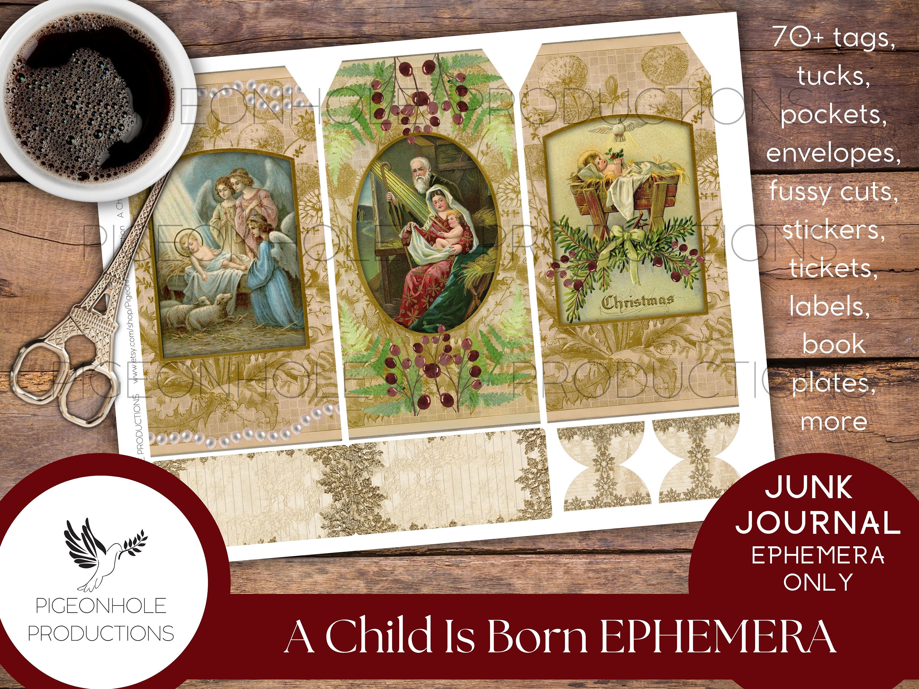 A Child is Born Christmas Junk Journal PRINTABLE, 70+ Tags, Tucks ...