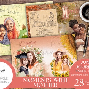 Moments With Mother Junk Journal Pages, IMPRIMÍVEL, coleção diversificada e doce de mães e filhos desfrutando de momentos especiais compartilhados, presente DIY