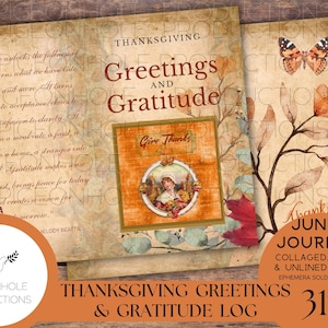 Thanksgiving Greetings Junk Journal Kit & Dankbaarheid Log - PRINTBAAR - 31 pagina's kit - met opbeurende citaten