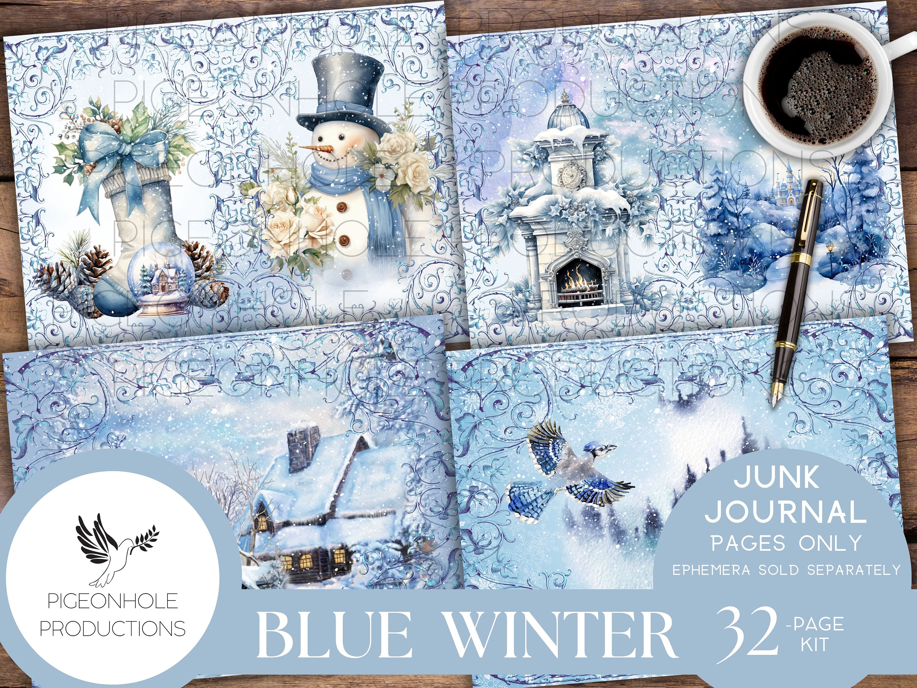 Blue Winter Junk Journal Pages PRINTABLE 32 Collage Lined & - Etsy