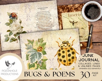 Bugs & Poems Junk Journal Pages Kit, PRINTABLE, 30 collaged, lined and unlined papers for journaling, scrapbooking, card making, papercraft