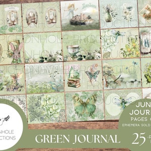 Green Junk Journal Pages, PRINTABLE, 25 decorative, background, backing and lined journal sheets in green, emerald & olive, for papercrafts