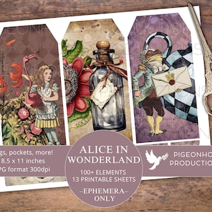 Journal éphémère d'Alice au pays des merveilles, imprimable, plus de 100 étiquettes, plis, enveloppes, autocollants, coupes difficiles, ex-libris, pochettes