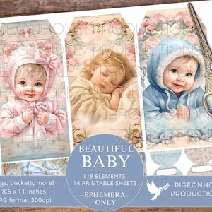 Bellissimo Baby Junk Journal EPHEMERA, STAMPABILE, 118 schede di diario, etichette, pieghe, tasche, buste, tagli elaborati, adesivi, biglietti, etichette