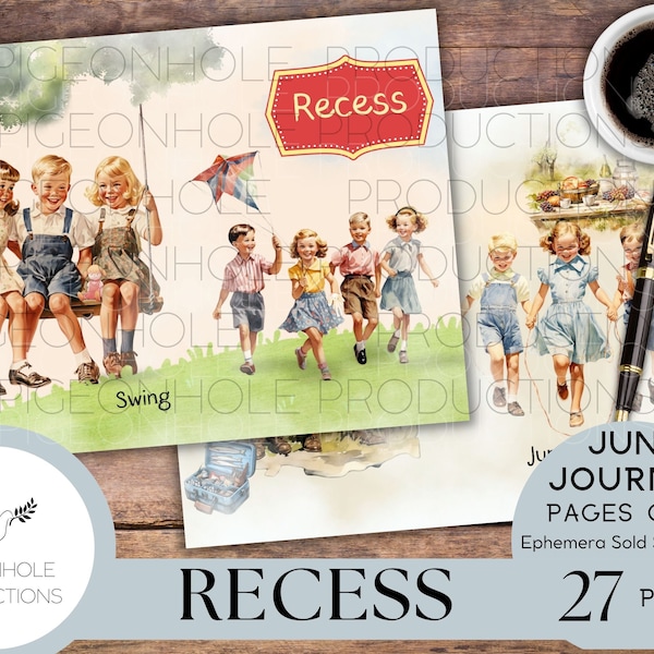 Recess Junk Journal Pages Only Kit, PRINTABLE, 27 collage, lined, unlined sheets showing sweet children 1950s style playing happily together