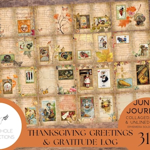Thanksgiving Greetings Junk Journal Kit & Dankbaarheid Log - PRINTBAAR - 31 pagina's kit - met opbeurende citaten