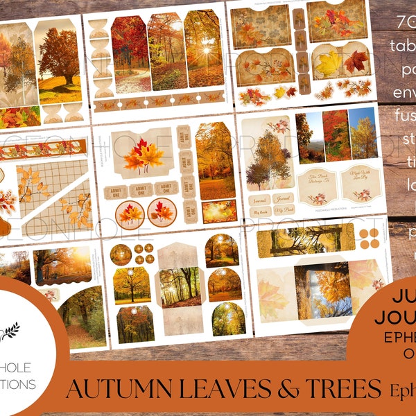 Autumn Leaves & Trees Junk Journal EPHEMERA, PRINTABLE, 70+ tags, tucks, pockets, envelopes, page tabs, tickets, labels, book plates, more