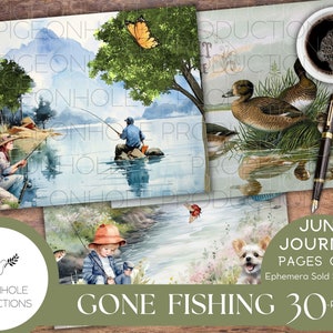 Gone Fishing Junk Journal Pages, IMPRIMIBLE, 30 páginas de diario con collage, forradas y sin forro para scrapbooking, fabricación de tarjetas, manualidades en papel, hermosas