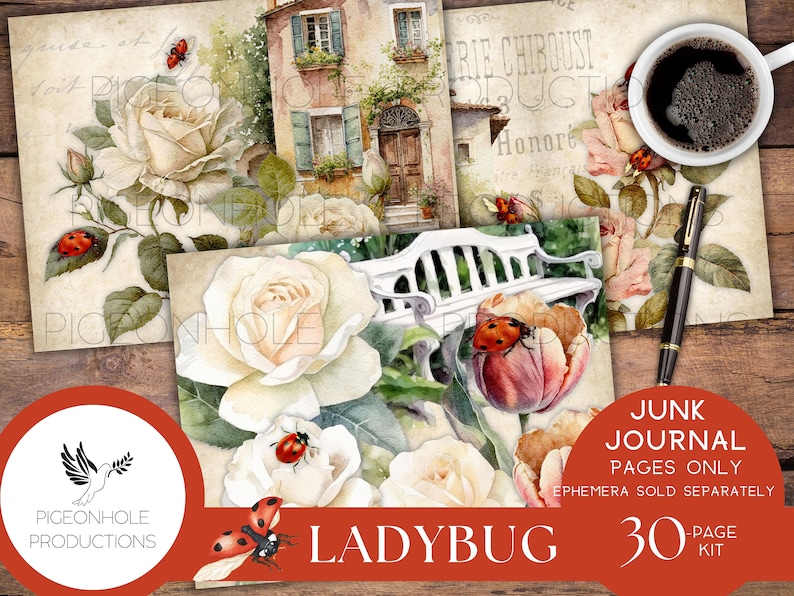 Ladybug Junk Journal Pages Only Kit, PRINTABLE, 30 Collage, Lined and ...