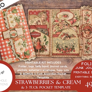 Cuaderno de espiral de tres pliegues con diseño de fresas y crema, para imprimir, 46 piezas, instrucciones/inspiración, plantilla de bolsillo tipo acordeón con 3 pliegues como regalo
