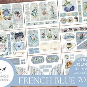 French Blue Junk Journal Ephemera, IMPRIMABLE, plus de 70 étiquettes, plis, pochettes, enveloppes, coupes difficiles, ex-libris, autocollants, belle éphémère bleue