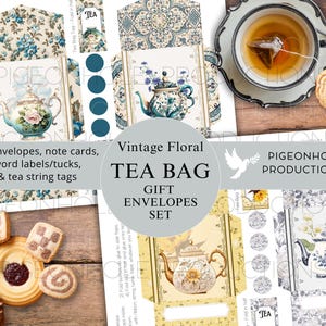 Op de afbeelding: Printbare theezakjes cadeau-envelopset met vintage bloemenontwerpen. De set bevat 18 enveloppen, notitiekaarten, woordlabels en thee-snoeretiketten. De tekst op de afbeelding luidt "Vintage Floral Tea Bag Gift Envelopes Set" en "Pigeonhole Productions".