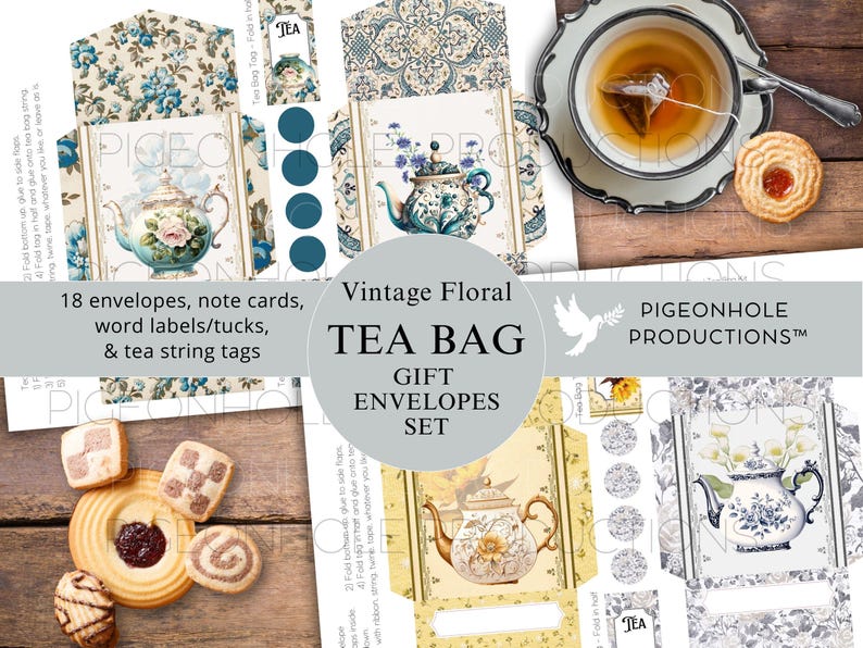 Op de afbeelding: Printbare theezakjes cadeau-envelopset met vintage bloemenontwerpen. De set bevat 18 enveloppen, notitiekaarten, woordlabels en thee-snoeretiketten. De tekst op de afbeelding luidt "Vintage Floral Tea Bag Gift Envelopes Set" en "Pigeonhole Productions".