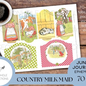 Country Milk Maid Junk Journal EPHEMERA—STAMPABILE—oltre 70 graziosi tag, pieghe, tasche, adesivi, biglietti con illustrazioni vintage