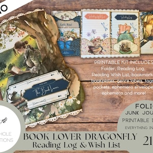 Book Lover Dragonfly Junk Journal DRUCKBARE FOLIO, Lesebordbuch, Lesewunschliste, Exlibris, Lesezeichen, Tags, Taschen, Genre Labels, und mehr!